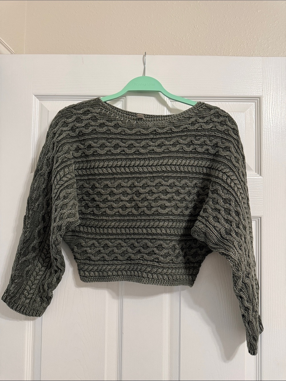 Anthropologie Cropped Cable Knit Sweater - dark olive